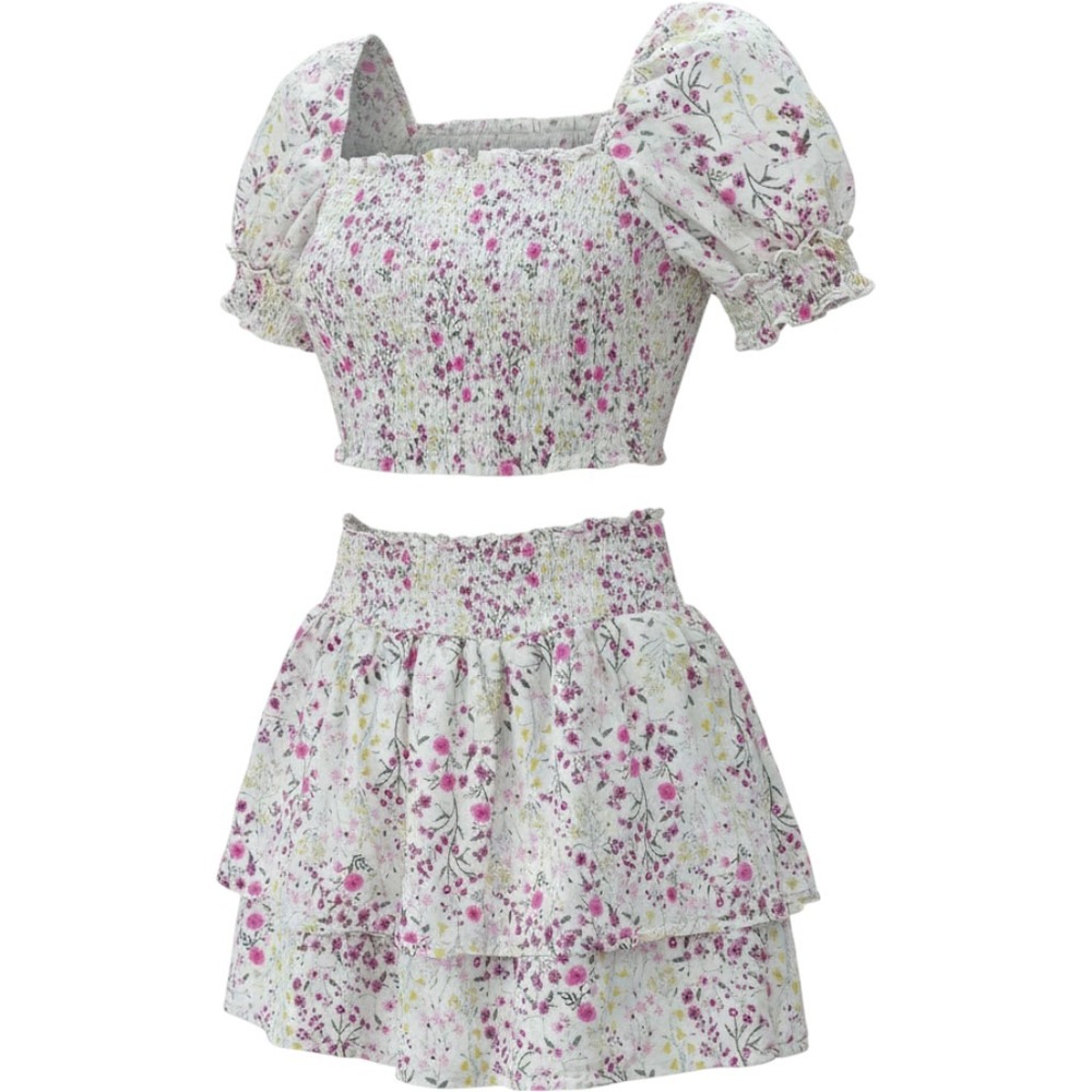 Dizzy Lizzy Floral Smocked Two Piece Set Crop Top Ruffle Skirt Pink White Med